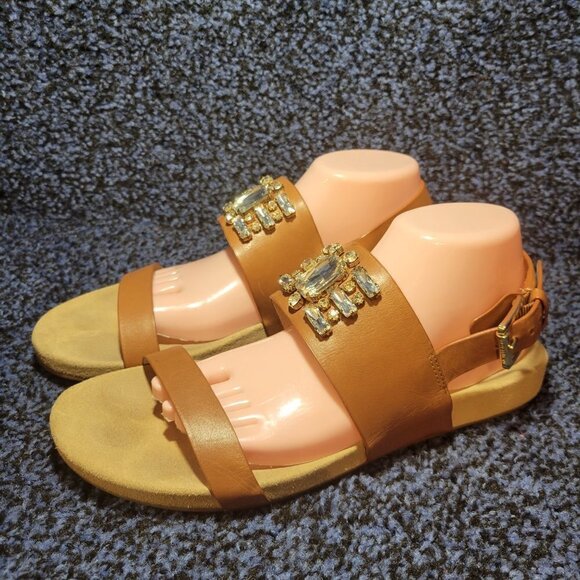 Michael Kors Luna Women's Size 11M Cognac Leather Jeweled Open Toe Flat Sandals - Picture 1 of 11